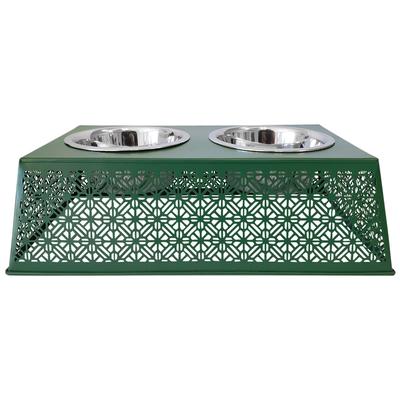 Dark Green Raised Pet Dog Feeder with Bowls by JoJo Modern Pets in Green