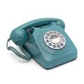 GPO 746 Push-Button Retro Landline Phone, Vintage Landline Telephone for Home, Office, Retro Phones with Authentic Bell Ring and Curly Cord, Blue