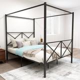 Metal Canopy Bed Frame, Platform Bed Frame Queen with X Shaped Frame Queen, Black