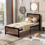 Metal and Wood Bed Frame with Headboard and Footboard ,Twin Size Platform Bed ,No Box Spring Needed - BLACK
