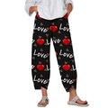 WOOGOD Women's Linen Trousers Love Knotted Print Elegant 3/4 Lightweight Summer Trousers Stretch High Waist Wide Leg Trousers Loose Casual Trousers, Black-002, XXL
