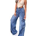 BOIYI Womens Y2K Denim Cargo Pants with Pockets Outdoor Casual Oversized High Waisted Wide Leg Loose Fit Work Pants(Blue,L)