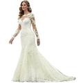 TiJiang Women's O-Neck Mermaid Wedding Dresses Lace Appliques Court Train Button Bride Gowns Ivory