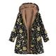 Hooded Coat for Women Winter Vintage Printed Hooded Plush Cardigan Jacket Plus Fleece Outwear (Black, XL)