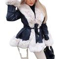 Vagbalena Women's Fashion Faux Rabbit Fur Collar Ruffle Warm Trench Coat Jacket with Belt (White Black,3XL)