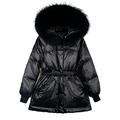 Winter White Duck Down Jacket Women's Huge Natural Raccoon Fur Hooded Puffer Coat Female Office Lady Adjustable Waist - Black 4,S