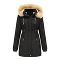 Heypres Women Hooded Winter Coat Female Blouson Women Winter Warm Jacket Thicken Coat Parka Jacket Long Sleeve Windbreaker Vintage Comfort with Pockets Large Size Black-XL