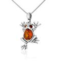 AMBEDORA Women's Necklace Frog I, Oxidised Sterling Silver, Natural Baltic Amber in Cognac Colour, Silver Pendant with Chain