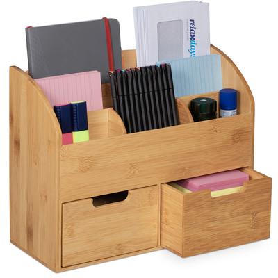 Schreibtisch Organizer, 6 Fächer, 2 Schubladen, für Büroutensilien, Bambus, Briefablage, 26x33x13,5