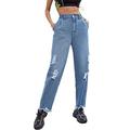 Women's Jeans European and American Style Loose Straight-Leg Personality Ripped Jeans Outdoor Casual Denim Trousers S Blue