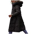 AILIEE Women's Long Padded Coat Winter Warm Quilted Jacket Hooded Parka Coats with Removable Faux Fur Hood for Ladies Winter Down Jacket Women Slim Waist Belt Mid-Length Waist Padded Jacket Black