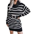 CENPENYA Women's High Neck Sweater Dress Turtleneck Long Sleeve Knitted Pullover Loose Crew Neck Long Stripes Jumper Elegant Casual Fall Winter Dress(Without Belt) (Color : Black, Size : L)