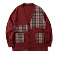 SFBJPZW Harajuku Pocket Plaid Sweater Vintage Contrast Color Jumper Knitted Cardigan Winter Jacket Red L