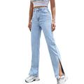 Huntrly Women's Jeans Simple Solid Color Split Slim Wide-Leg Jeans Daily Casual Temperament Flared Jeans L Light Blue