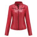 SRUQ Women's PU Leather Jacket Ladies Biker Style Soft Jackets with Zip Pockets Fitted Vintage Short Coat (M, Red)