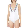 La Blanca Women's V-Front Cross Back One Piece Swimsuit, White//Macrame Solids, 12