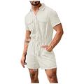 Pants Drawstring Linen Jumpsuit Fashion Waist Short Solid Sleeve Short Men Men's Pants (White, M)