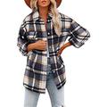 LYAZFC Women's Autumn and Winter Plus Size Lapel Loose Multicolor Plaid Woolen Single-Breasted Long-Sleeved Cardigan Jacket Gray Blue