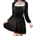 Mhomzawa Women Slim Dress Black Long Sleeve Lace Splice Dresses Button U-Shaped Elegant Dress Party Gothic Dress Casual Short Dress Women Dress (Black, M)