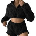 Women's 2 Piece Fuzzy Fleece Outfits Set Zipper Long Sleeve Crop Top Shorts Sweatsuit Sets Pajama Sets (Color : Black, Size : L)