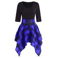 YLDCN Women's Skirts Personality Women Casual O-Neck Lace Up Tartan Plaid Print Asymmetrical Dress Party Short Dress Skirt-Blue_5XL