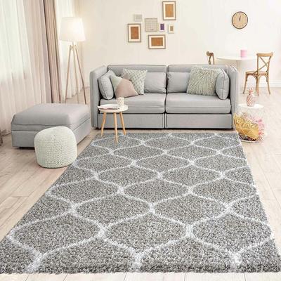 Hochflor Teppich Muster Shaggy Marokkanisch Rauten Deko Wohnzimmer Grau Creme weich Robust Image