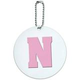 Letter N Initial Baby Girl Block Font Pink Shower Round Luggage ID Tag Card for Suitcase or Carry-On