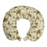 Beige Travel Pillow Neck Rest, Wild Distressed Lilies Floral Background Blooming Petals Bouquet Nature Theme, Memory Foam Traveling Accessory Airplane and Car, 12", White Yellow Beige, by Ambesonne