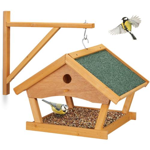 Relaxdays Vogelfutterhaus Holz, zum Aufhängen, HBT: 35x42,5x40,5 cm, Garten, Vogelfutterspender für