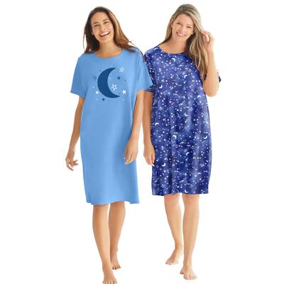 Plus Size Women's 2-Pack Short-Sleeve Sleepshirt by Dreams & Co. in French Blue Tie Dye Moon (Size 1X/2X) Nightgown