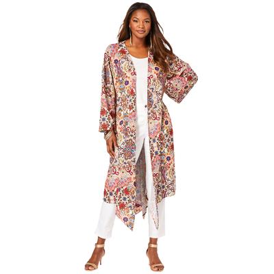 Plus Size Women's Hanky-Hem Kimono by Roaman's in Ivory Mirrored Medallion (Size 5X/6X)