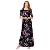 Plus Size Women's Ultrasmooth® Fabric Cold-Shoulder Maxi Dress by Roaman's in Purple Rose Floral (Size 14/16) Long Stretch Jersey