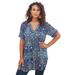 Plus Size Women's Short-Sleeve Angelina Tunic by Roaman's in Navy Mirrored Medallion (Size 14 W) Long Button Front Shirt