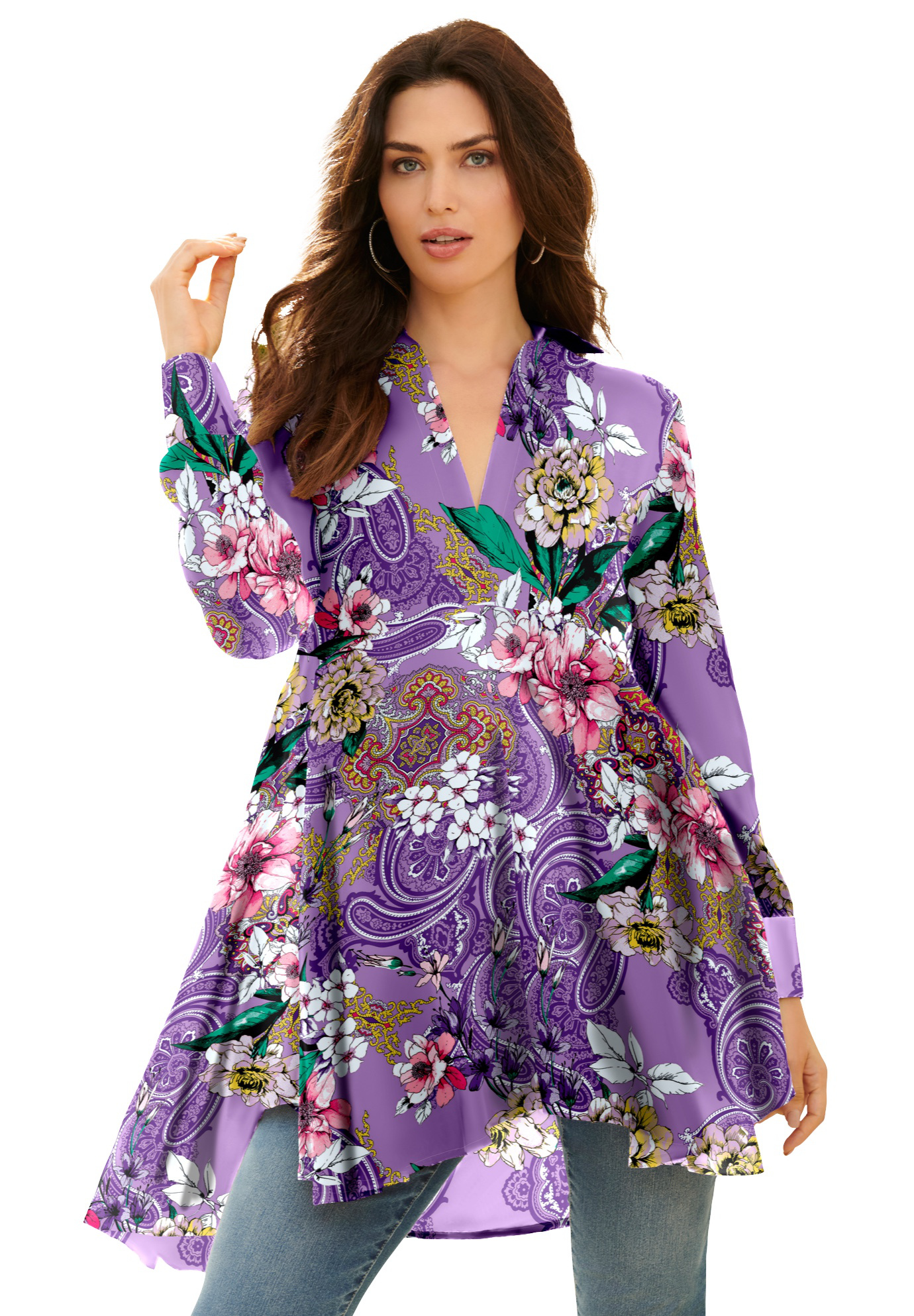 Plus Size Women's Hand Crinkled Fit And Flare Tunic by Roaman's in Violet Paisley Garden (Size 22 W) Long Shirt Blouse