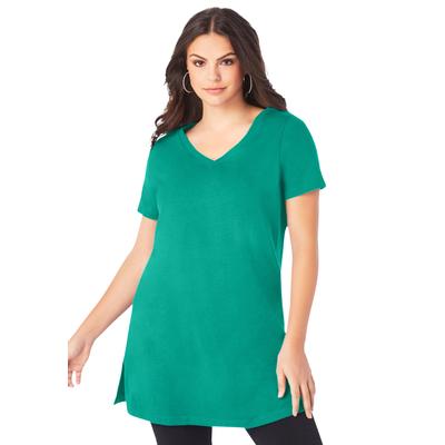 Plus Size Women's Plus Size Cotton Short Sleeve V-Neck Ultimate Tunic by Roaman's in Tropical Emerald (Size M) Long T-Shirt Tee