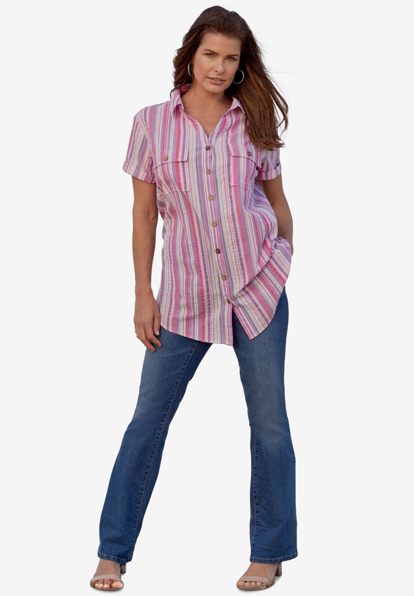 Plus Size Women's Seersucker Shirt by Roaman's in Purple Seersucker Stripe (Size 34 W)
