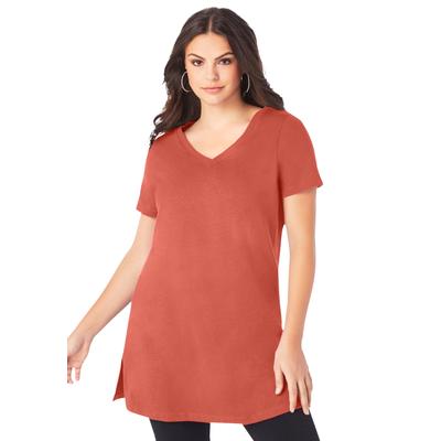 Plus Size Women's Short-Sleeve V-Neck Ultimate Tunic by Roaman's in Sunset Coral (Size M) Long T-Shirt Tee