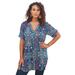 Plus Size Women's Short-Sleeve Angelina Tunic by Roaman's in Navy Mirrored Medallion (Size 36 W) Long Button Front Shirt