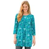 Plus Size Women's Perfect Printed Three-Quarter-Sleeve Scoopneck Tunic by Woman Within in Pretty Jade Jacquard Floral (Size M)