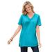 Plus Size Women's Perfect Short-Sleeve Shirred V-Neck Tunic by Woman Within in Pretty Turquoise (Size 2X)