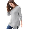 Plus Size Women's Side Button V-Neck Waffle Knit Sweater by Woman Within in Heather Grey (Size 34/36) Pullover