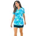 Plus Size Women's Split-Neck Short Sleeve Swim Tee with Built-In Bra by Swim 365 in Blue Multi Leaves (Size 20)