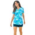 Plus Size Women's Split-Neck Short Sleeve Swim Tee with Built-In Bra by Swim 365 in Blue Multi Leaves (Size 22)