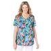 Plus Size Women's Short-Sleeve V-Neck Shirred Tee by Woman Within in Black Multi Tropicana (Size 4X)