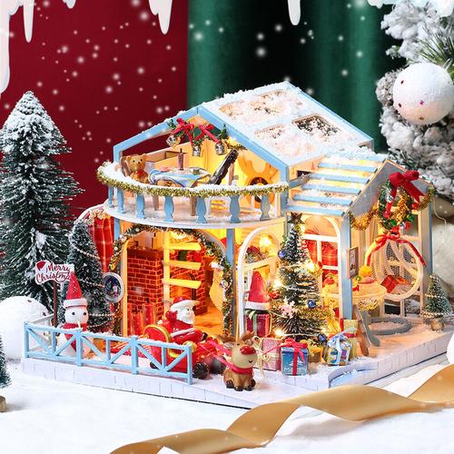 Weihnachten DIY Puppenhaus Holz Puppenhäuser Miniatur Puppenhaus Möbel Kit mit LED Licht Spielzeug