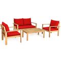 Costway Outdoor 4 Pieces Acacia Wood Chat Set with Water Resistant Cushions-Red