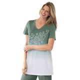 Plus Size Women's Short-Sleeve V-Neck Embroidered Dip Dye Tunic by Woman Within in Pine Ombre (Size L)