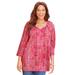 Plus Size Women's Sequin Trim Gauze Peasant Blouse by Catherines in Pink Burst Textured Stencil (Size 0X)