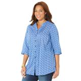 Plus Size Women's Pintuck Buttonfront Blouse by Catherines in French Blue Diamond Geo (Size 3X)