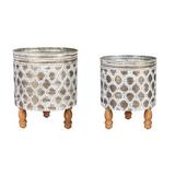 Bungalow Rose 2-Piece Embossed Metal Indoor/Outdoor Planter w/ Wood Legs Set Metal | 15.4 H x 12.8 W x 12.8 D in | Wayfair